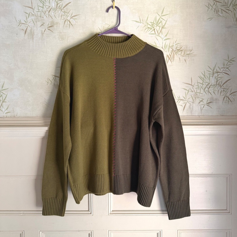 Peace Love World Colorblock Sweater Green Brown Contrast Stitch Mock Neck Medium